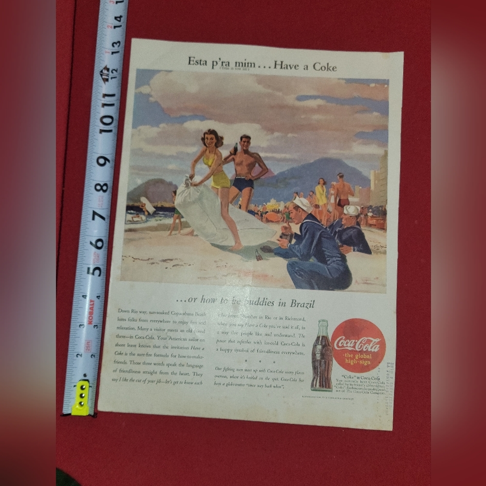 1945 Coke Brazil Copacabana Beach US Navy sailor art Coca Cola vintage print ad